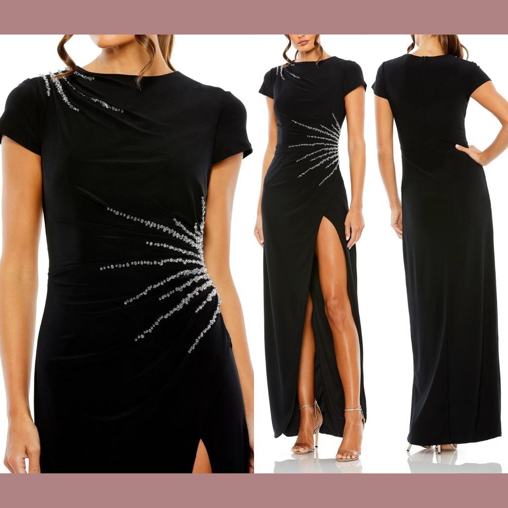 NWT‎ $398 IEENA Mac Duggal [ 2 ] Side Beaded Detail High Slit Gown Black #G1977